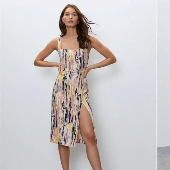 Aritzia Babaton Avenir Square Neck Sleeveless Midi Dress size 4 Watercolors Thig - Picture 2 of 13
